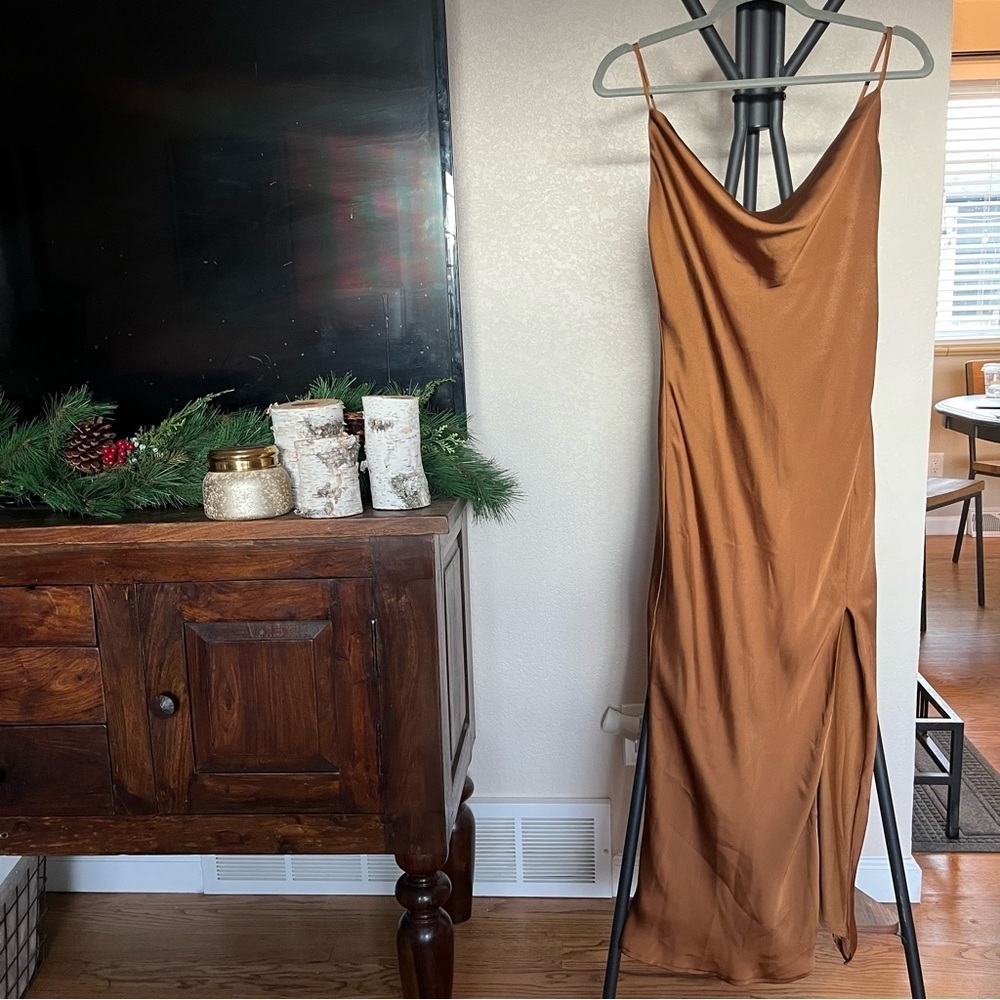 Lulus Romance Starter Brown Satin Cowl Neck Midi Slip Dress - Size M